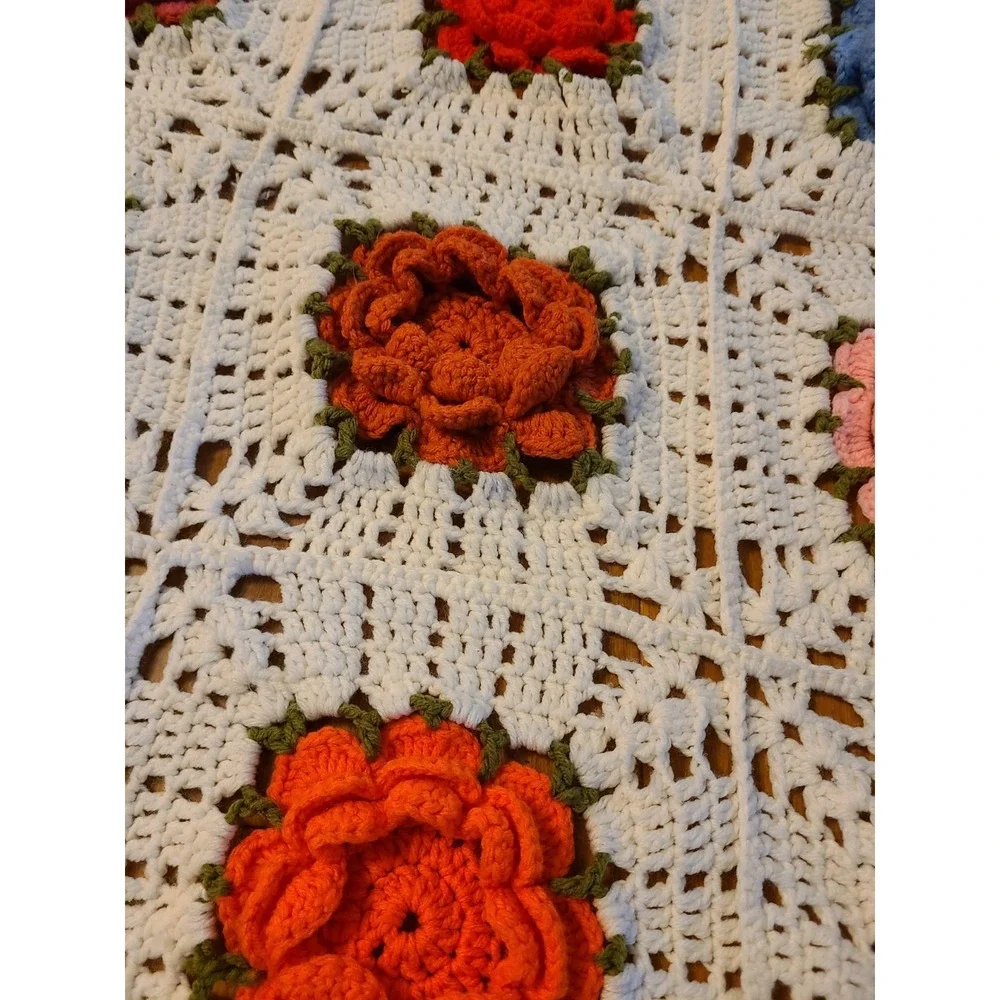 Handmade Vintage Crochet Afghan Colorful 3D Rose Motifs on a White Background